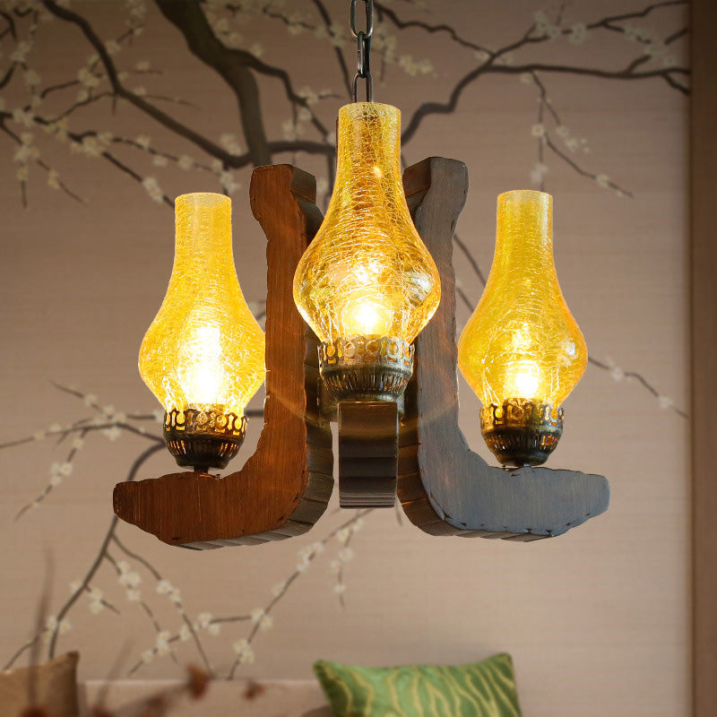 3-Light Crackle Glass Hanging Chandelier Vintage Yellow Vase Living Room Pendant Light Fixture with Wood - Rebooters