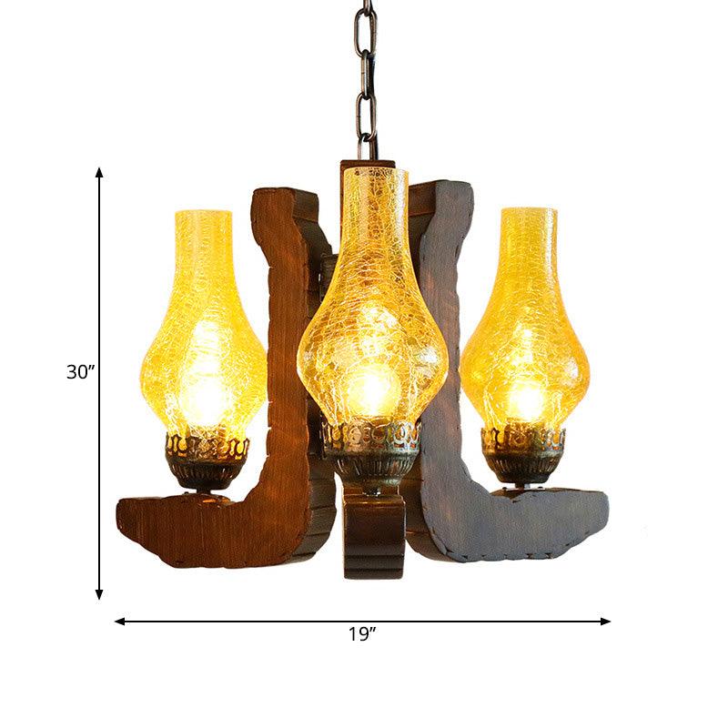 3-Light Crackle Glass Hanging Chandelier Vintage Yellow Vase Living Room Pendant Light Fixture with Wood - Rebooters