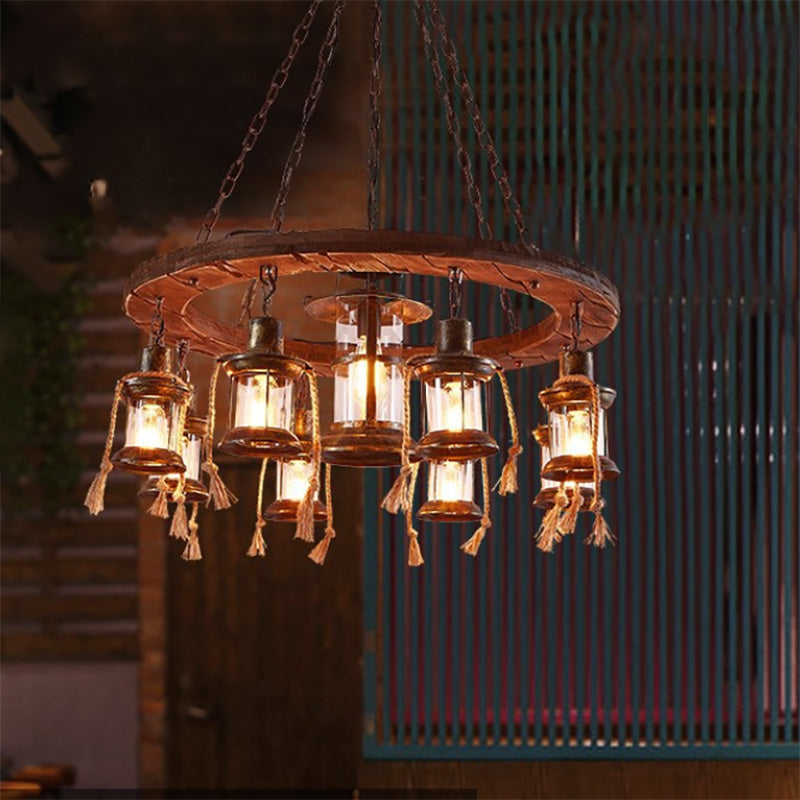 Wood Multi Light Chandelier Light Fixture Coastal Clear Glass Lantern Pendant Lamp with Chain - Rebooters