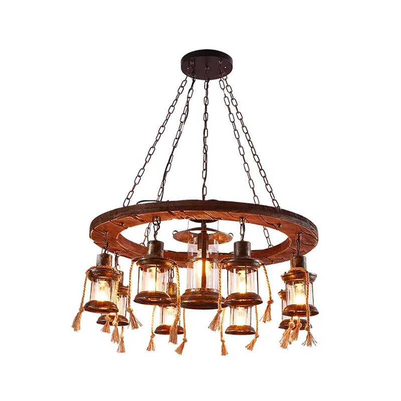 Wood Multi Light Chandelier Light Fixture Coastal Clear Glass Lantern Pendant Lamp with Chain - Rebooters