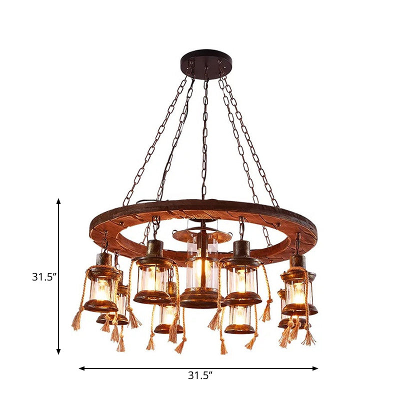 Wood Multi Light Chandelier Light Fixture Coastal Clear Glass Lantern Pendant Lamp with Chain - Rebooters