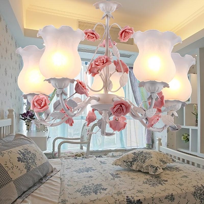 5 Lights Flower Chandelier Light American Garden White Frosted Glass Pendant Ceiling Light - Rebooters