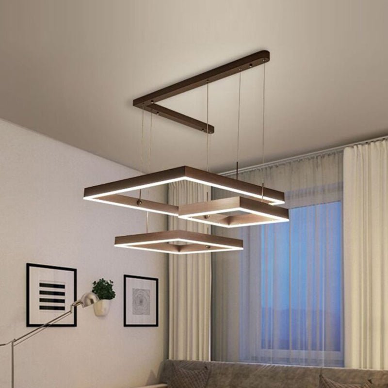 2/3-Tiered Square LED Drop Pendant Simple Metal Bedroom Chandelier Light in Coffee - Rebooters