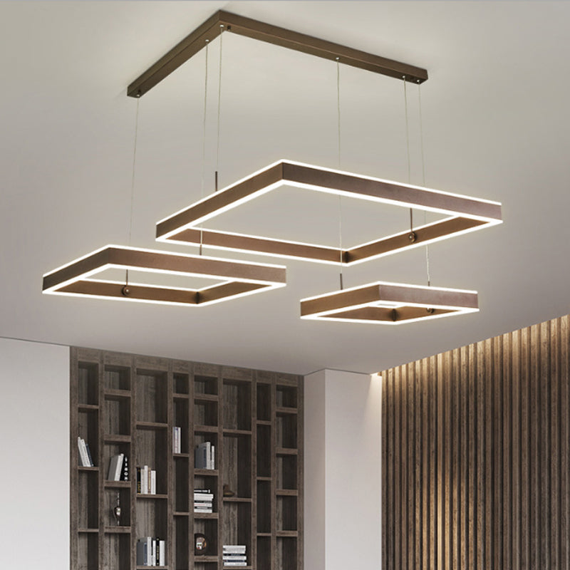 2/3-Tiered Square LED Drop Pendant Simple Metal Bedroom Chandelier Light in Coffee - Rebooters