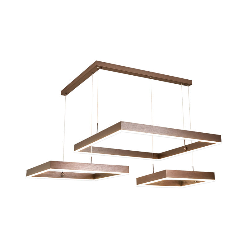 2/3-Tiered Square LED Drop Pendant Simple Metal Bedroom Chandelier Light in Coffee - Rebooters