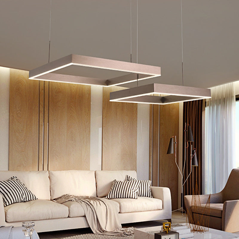 2/3-Tiered Square LED Drop Pendant Simple Metal Bedroom Chandelier Light in Coffee - Rebooters