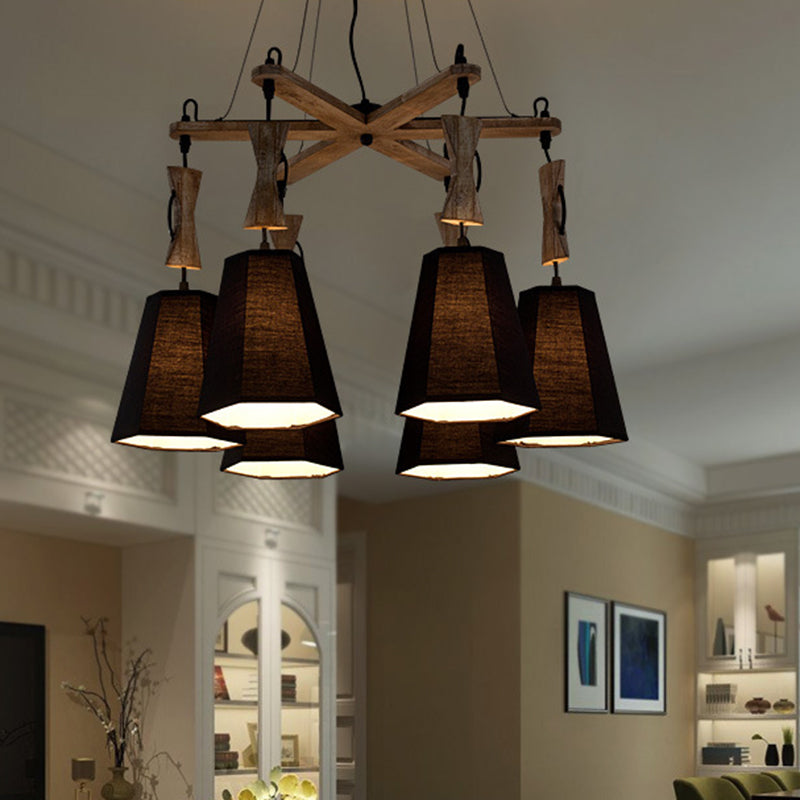 6 Heads Tapered Chandelier Lighting Industrial Black White Flaxen Wood Ceiling Lamp - Rebooters