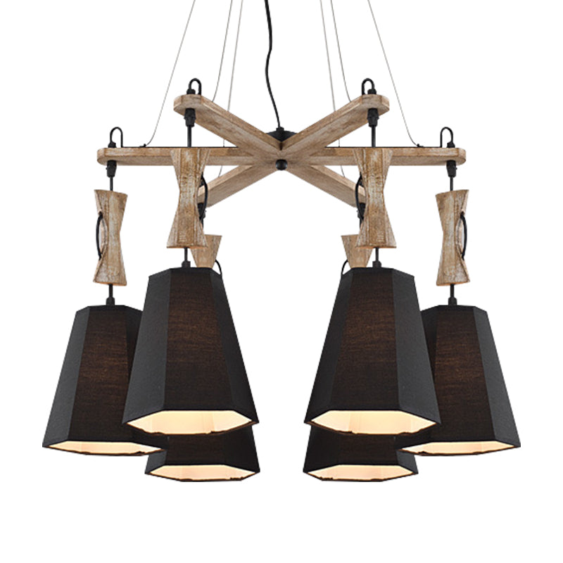 6 Heads Tapered Chandelier Lighting Industrial Black White Flaxen Wood Ceiling Lamp - Rebooters