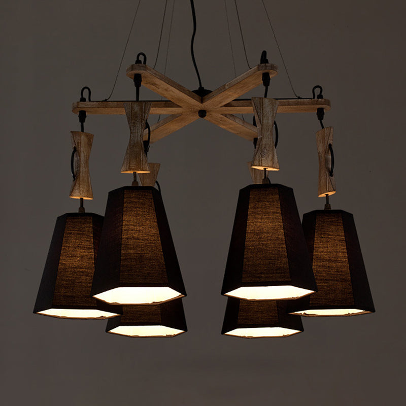 6 Heads Tapered Chandelier Lighting Industrial Black White Flaxen Wood Ceiling Lamp - Rebooters