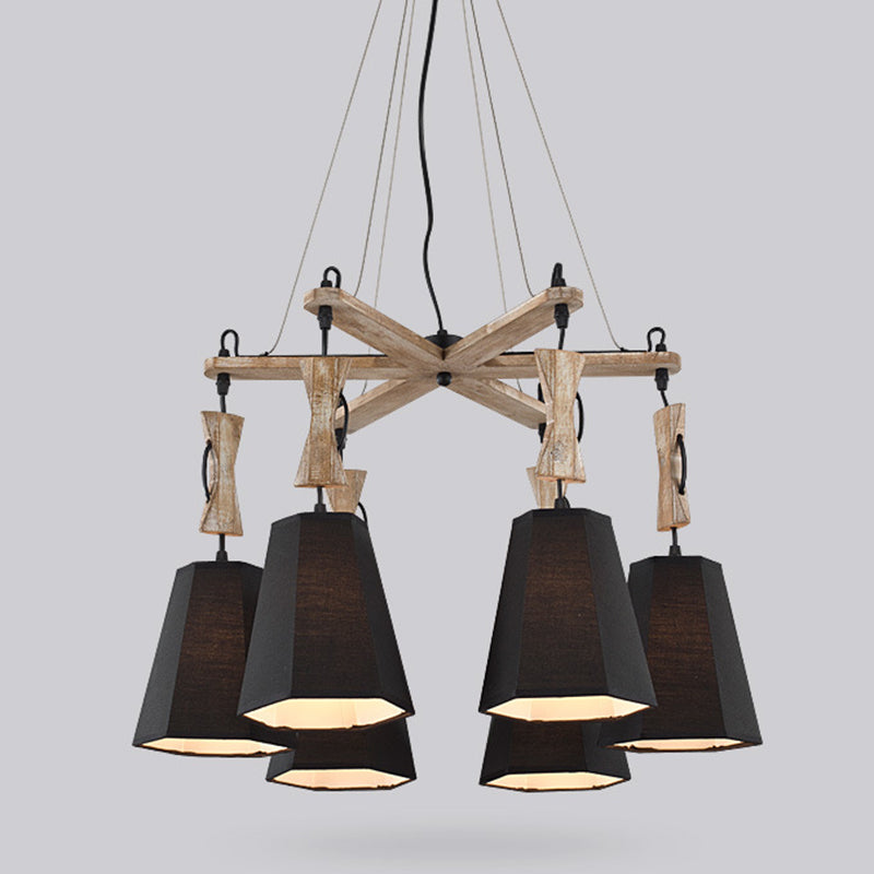 6 Heads Tapered Chandelier Lighting Industrial Black White Flaxen Wood Ceiling Lamp - Rebooters