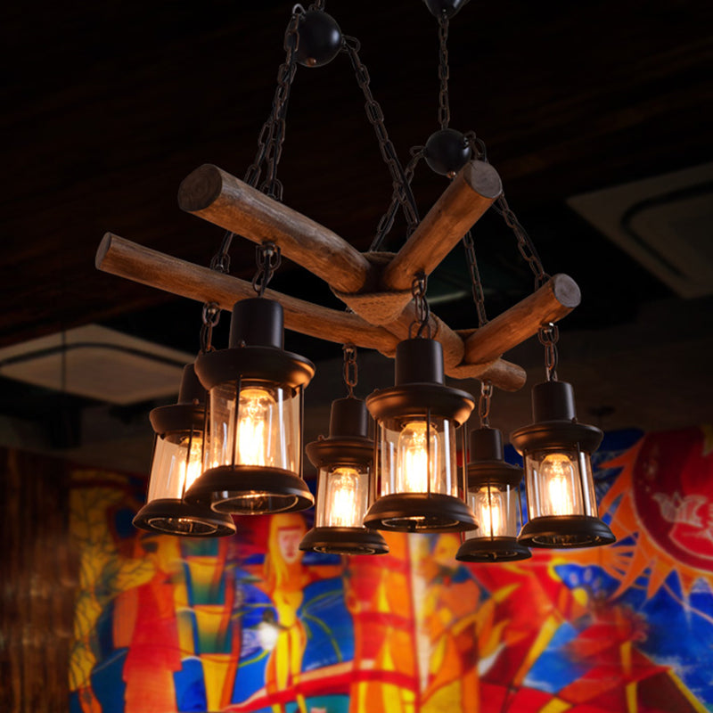 6 Heads Wood Pendant Lamp Industrial Wood Lantern Chandelier - Rebooters