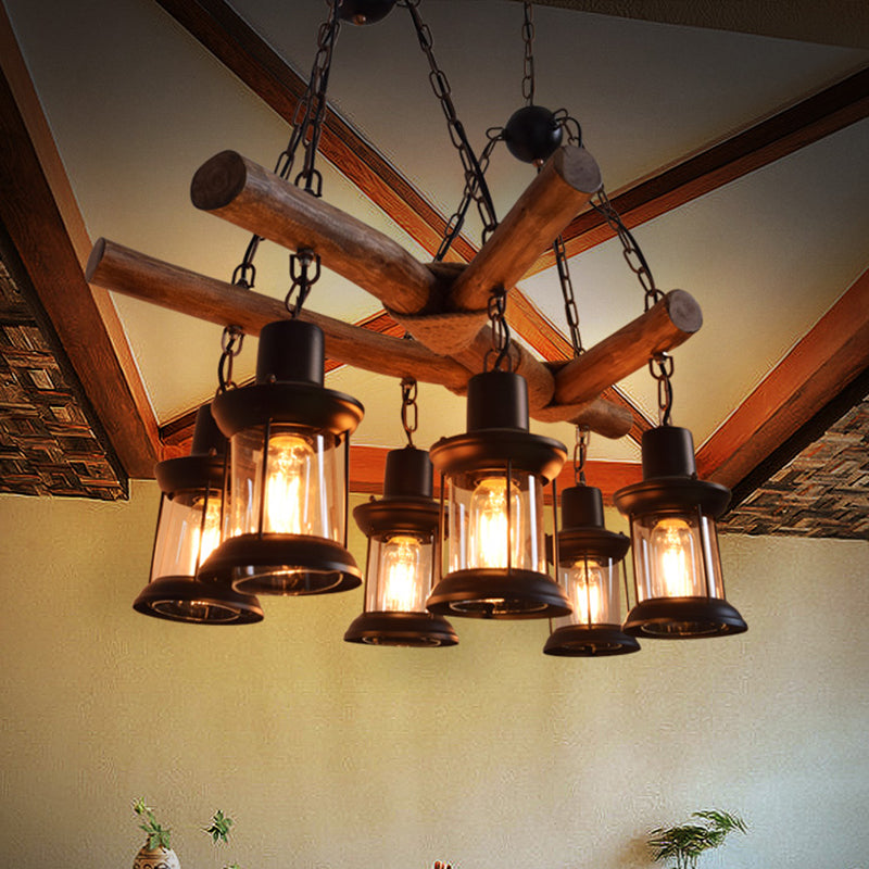 6 Heads Wood Pendant Lamp Industrial Wood Lantern Chandelier - Rebooters