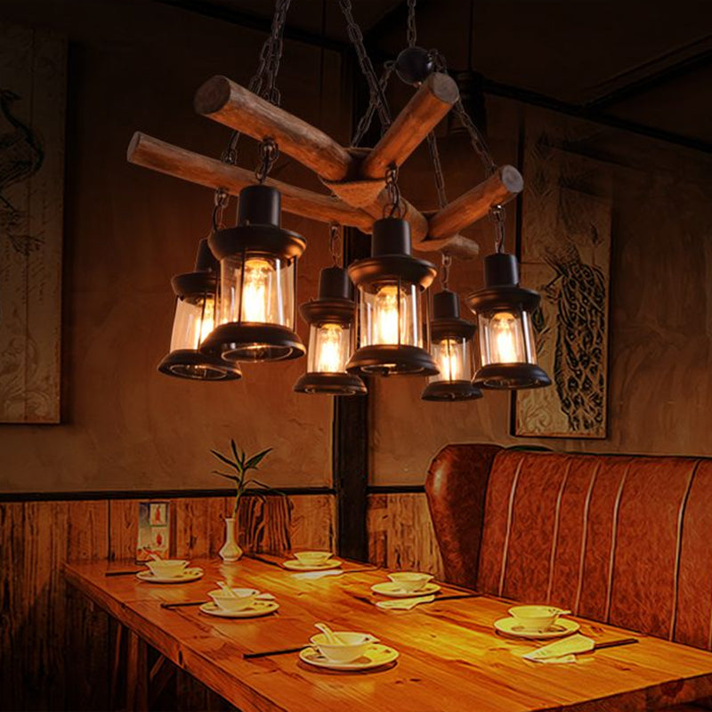 6 Heads Wood Pendant Lamp Industrial Wood Lantern Chandelier - Rebooters