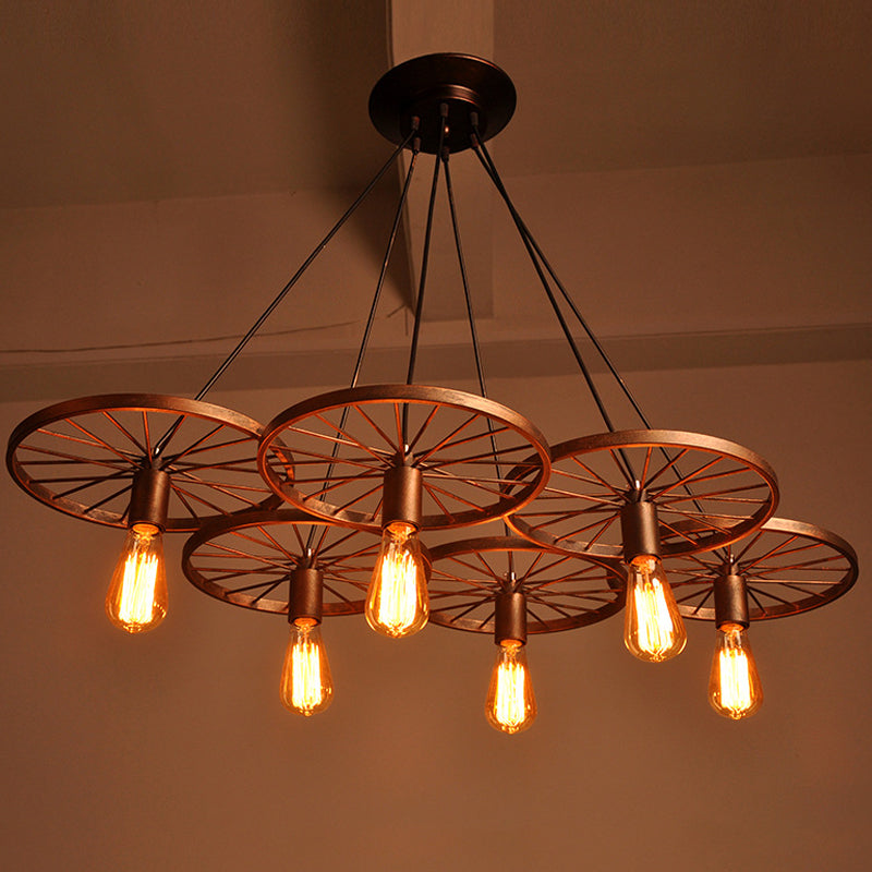 Rust Wheel Chandelier Lamp Industrial Wrought Iron Pendant - Rebooters