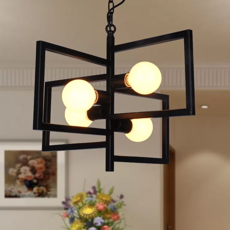 Square Living Room Pendant Chandelier Industrial Iron 4 Lights Black - Rebooters