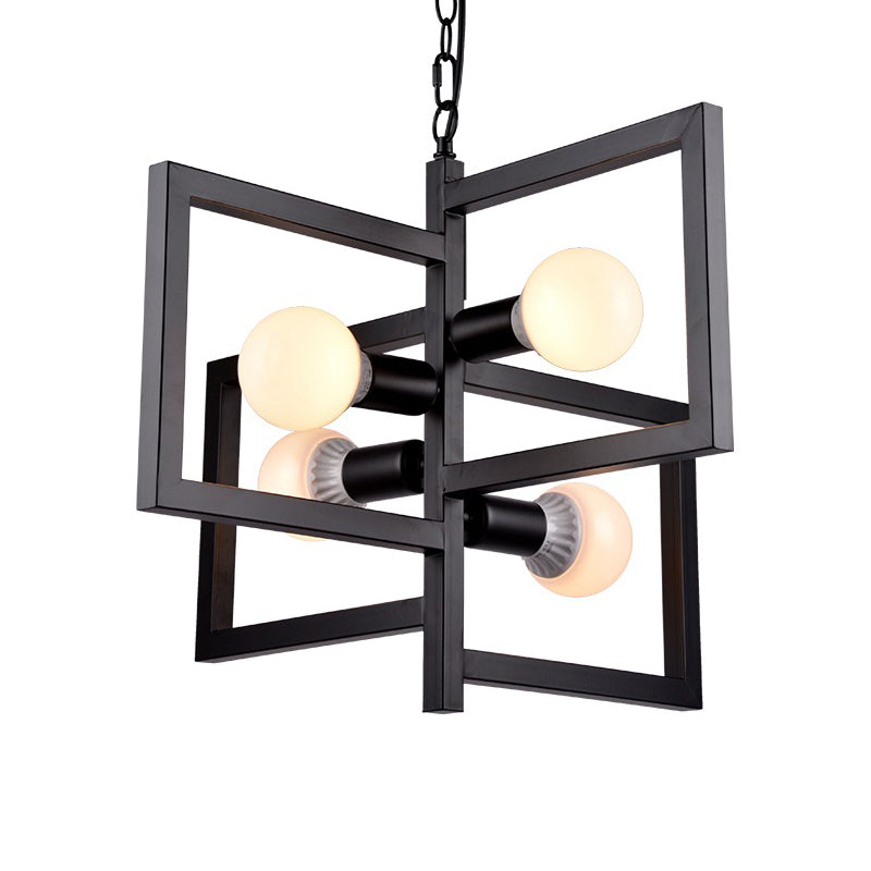 Square Living Room Pendant Chandelier Industrial Iron 4 Lights Black - Rebooters