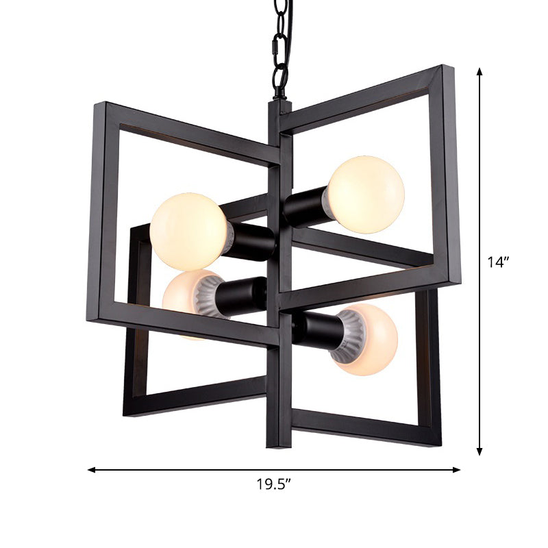 Square Living Room Pendant Chandelier Industrial Iron 4 Lights Black - Rebooters