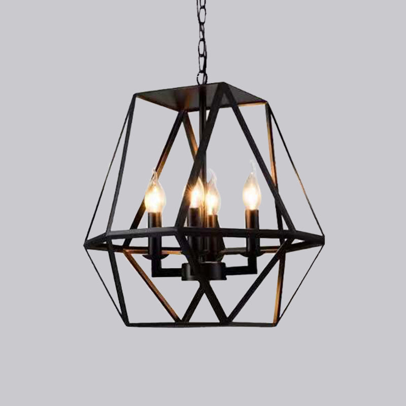 4 Bulbs Chandelier Pendant Rustic Trapezoid Cage Light Fixture in Black - Rebooters