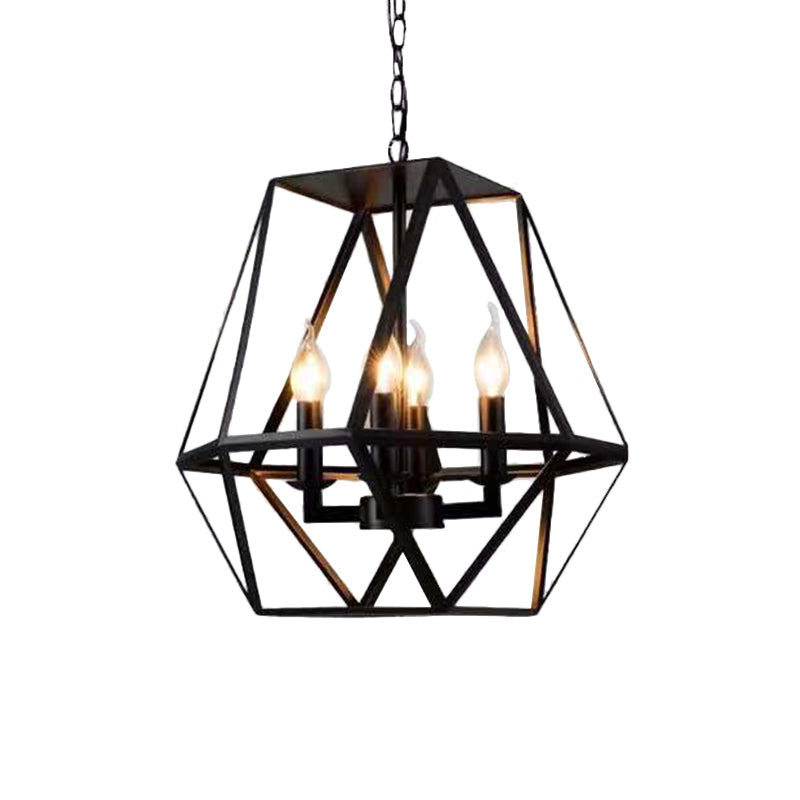 4 Bulbs Chandelier Pendant Rustic Trapezoid Cage Light Fixture in Black - Rebooters