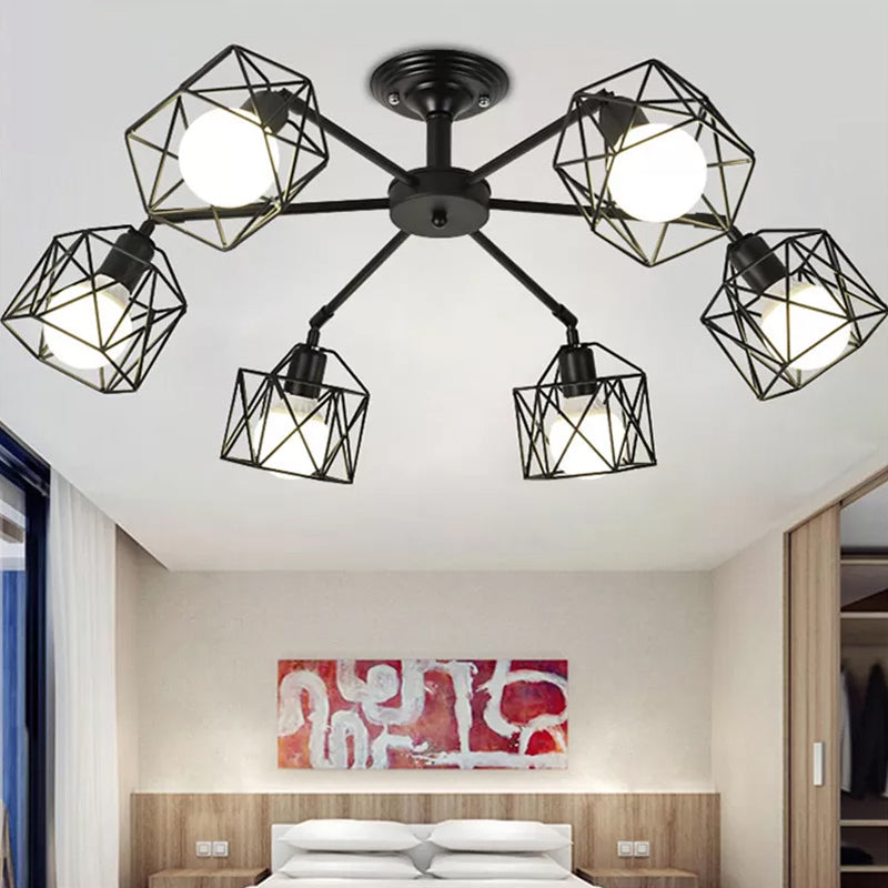 Iron Wire Cage Rotating Ceiling Chandelier 4/6/8-Light Black - Rebooters