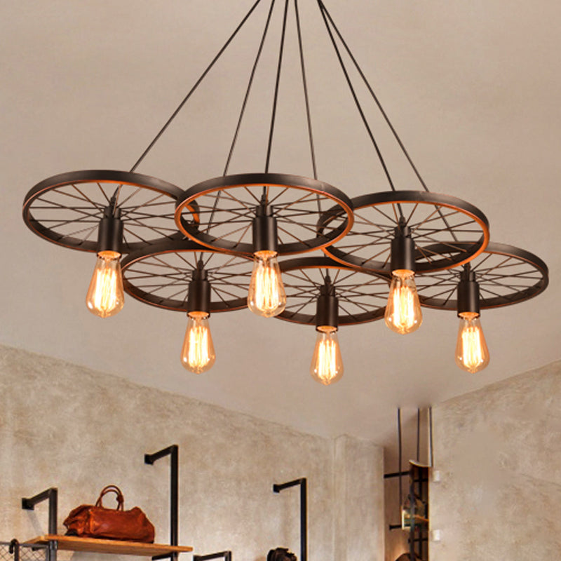 Black Wheel Chandelier Lamp Rustic Iron 3/6 Bulbs Ceiling Light - Rebooters