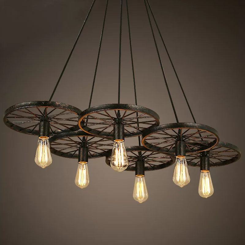 Black Wheel Chandelier Lamp Rustic Iron 3/6 Bulbs Ceiling Light - Rebooters