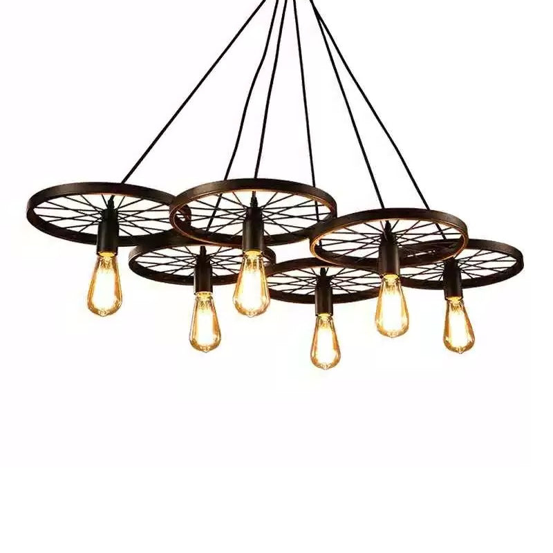 Black Wheel Chandelier Lamp Rustic Iron 3/6 Bulbs Ceiling Light - Rebooters