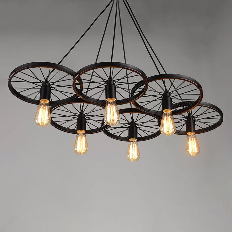 Black Wheel Chandelier Lamp Rustic Iron 3/6 Bulbs Ceiling Light - Rebooters