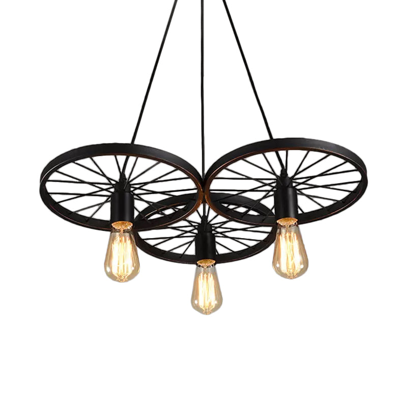 Black Wheel Chandelier Lamp Rustic Iron 3/6 Bulbs Ceiling Light - Rebooters