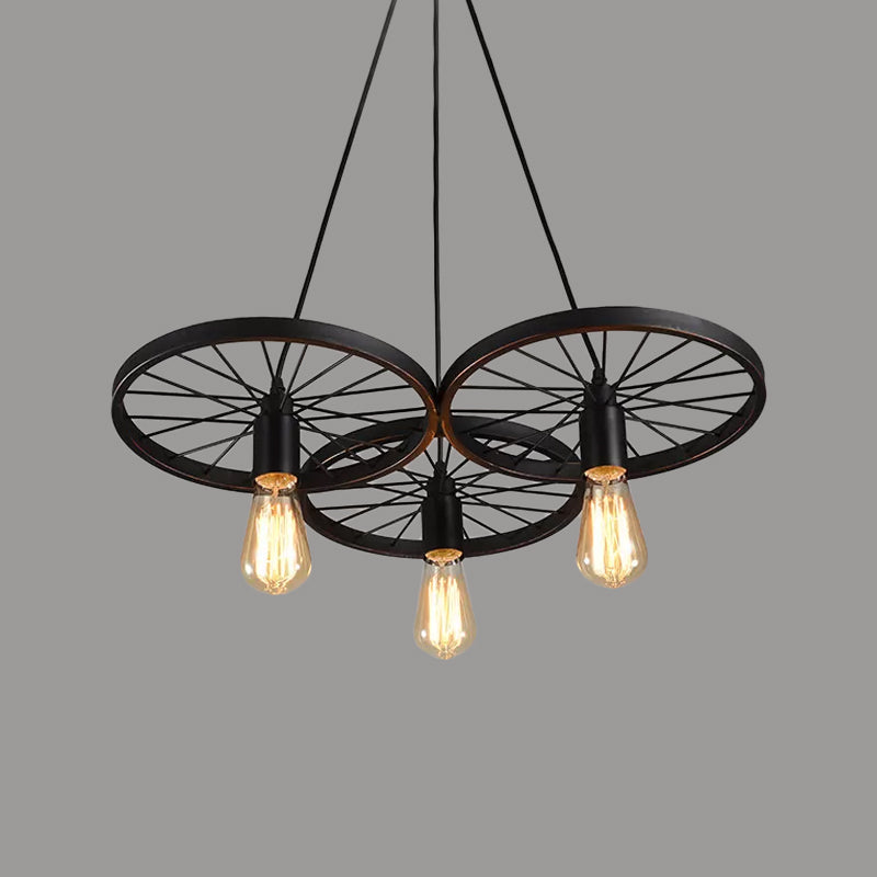 Black Wheel Chandelier Lamp Rustic Iron 3/6 Bulbs Ceiling Light - Rebooters