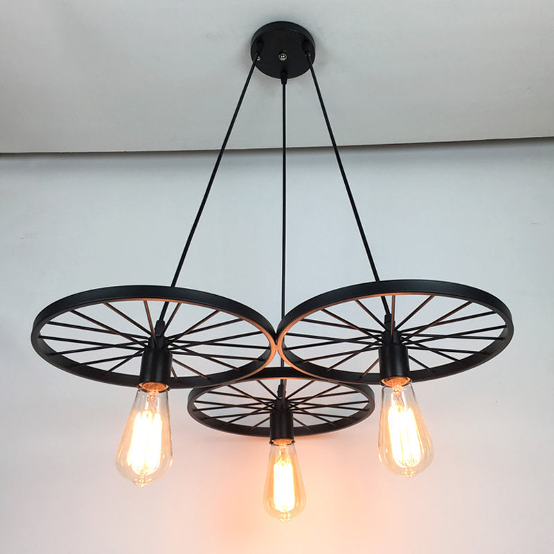 3/6 Lights Iron Hanging Chandelier Farmhouse Black Wheel Lamp - Rebooters