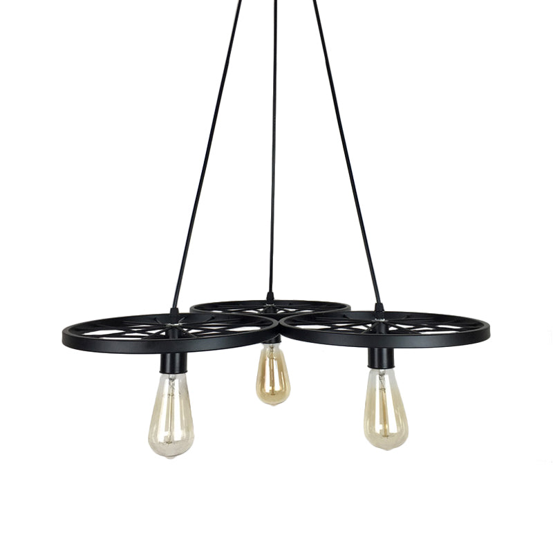 3/6 Lights Iron Hanging Chandelier Farmhouse Black Wheel Lamp - Rebooters