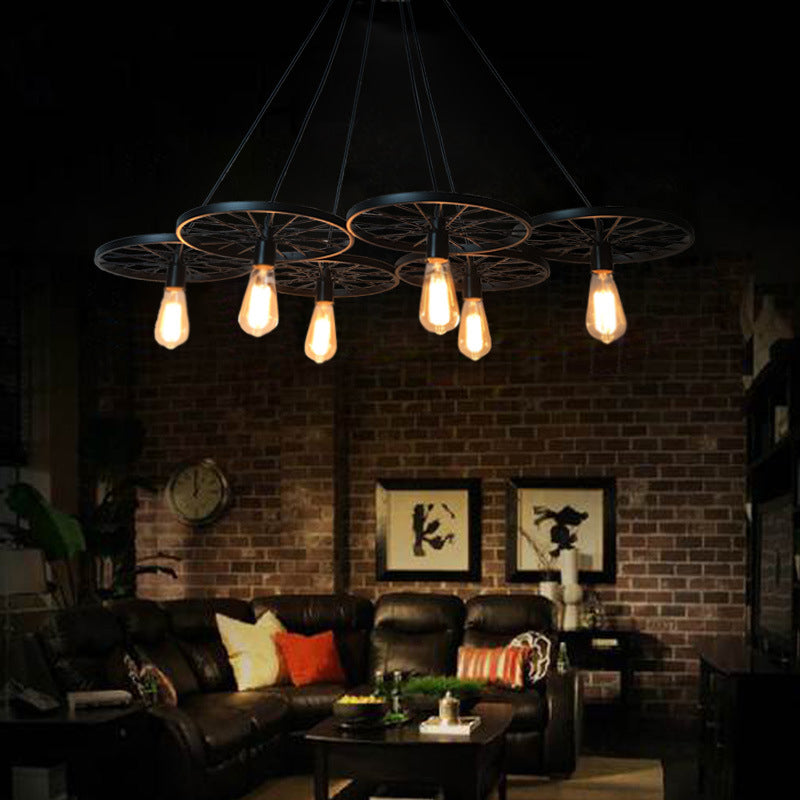 3/6 Lights Iron Hanging Chandelier Farmhouse Black Wheel Lamp - Rebooters