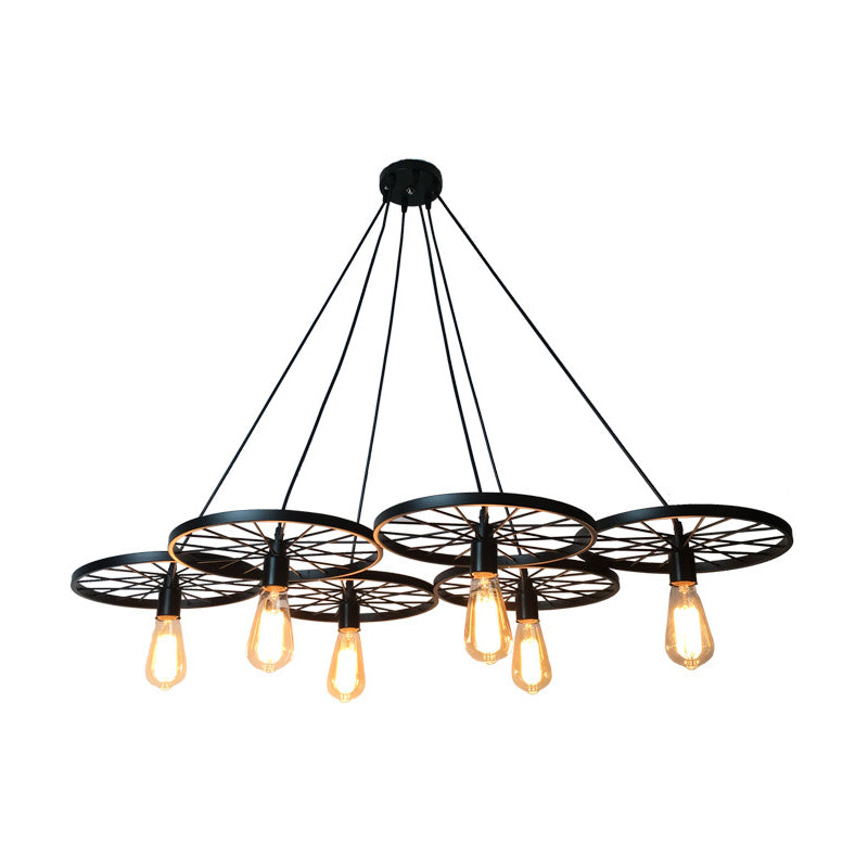 3/6 Lights Iron Hanging Chandelier Farmhouse Black Wheel Lamp - Rebooters