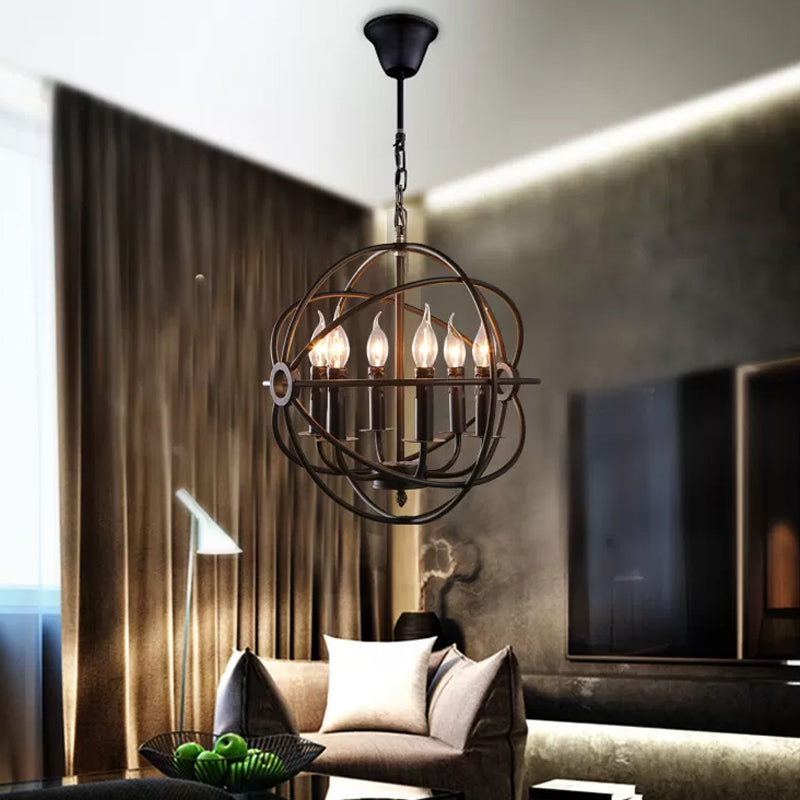 6 Bulbs Spherical Hanging Light Black Iron Chandelier Pendant - Rebooters