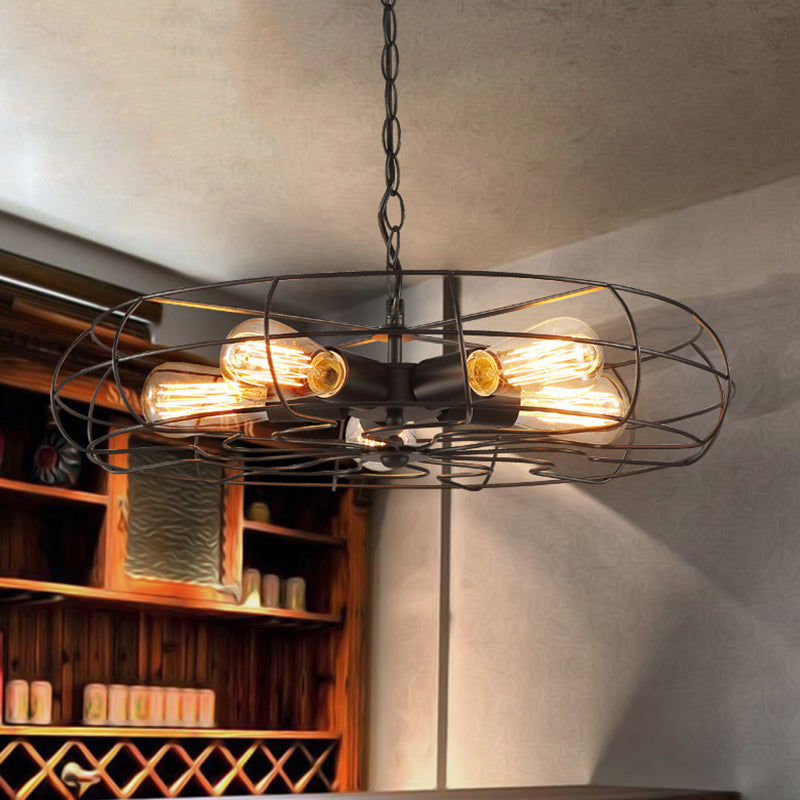 Round Caged Restaurant Ceiling Pendant Industrial Iron 5-Bulb Black Chandelier Lamp - Rebooters