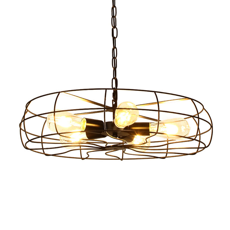 Round Caged Restaurant Ceiling Pendant Industrial Iron 5-Bulb Black Chandelier Lamp - Rebooters