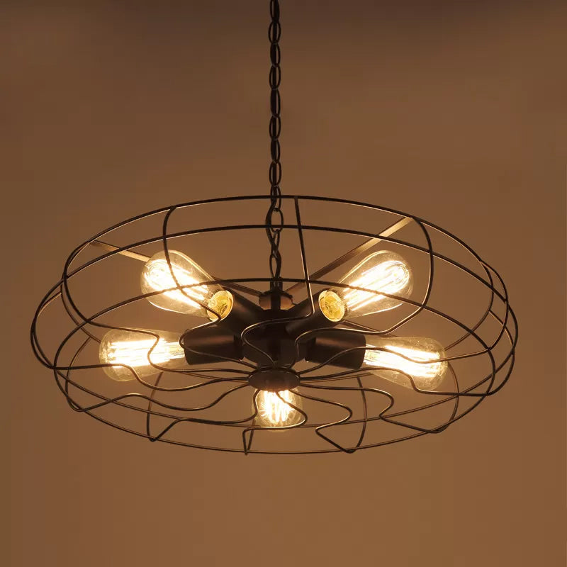 Round Caged Restaurant Ceiling Pendant Industrial Iron 5-Bulb Black Chandelier Lamp - Rebooters