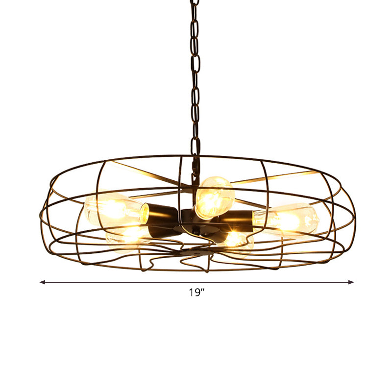 Round Caged Restaurant Ceiling Pendant Industrial Iron 5-Bulb Black Chandelier Lamp - Rebooters