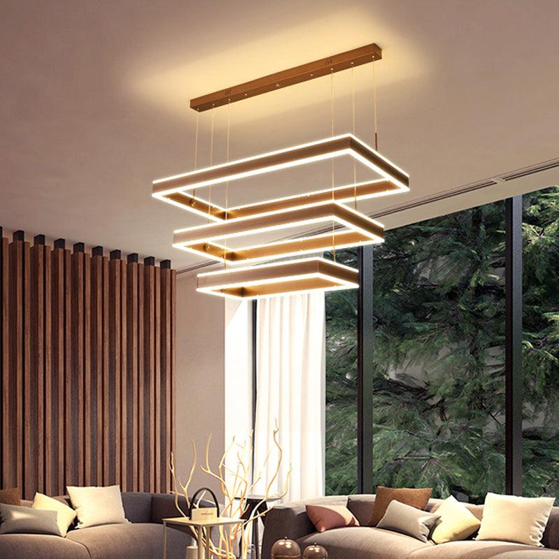 Aluminum 2/3-Tiered Rectangular Pendant Light Modernism Brown LED Chandelier - Rebooters