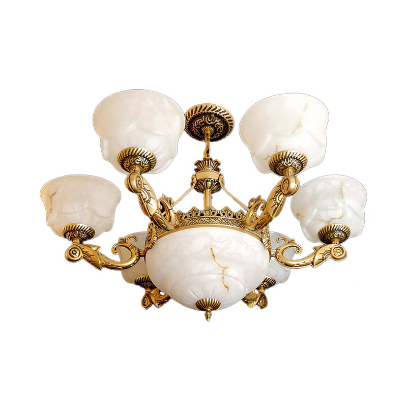 Bowl Dining Room Drop Lamp Antiqued White Glass 9-Light Chandelier - Rebooters