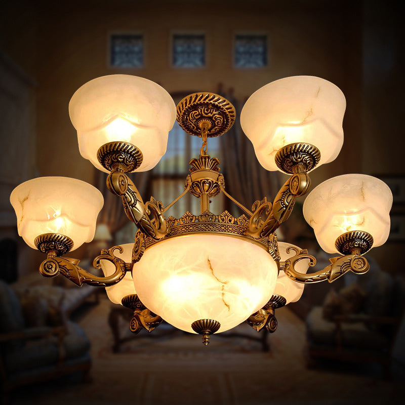 Bowl Dining Room Drop Lamp Antiqued White Glass 9-Light Chandelier - Rebooters