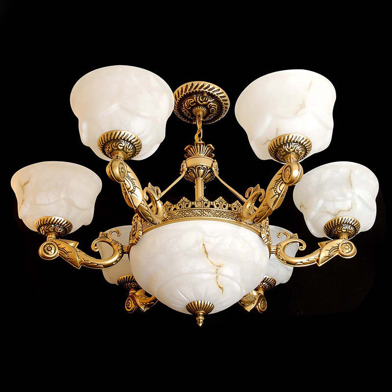 Bowl Dining Room Drop Lamp Antiqued White Glass 9-Light Chandelier - Rebooters