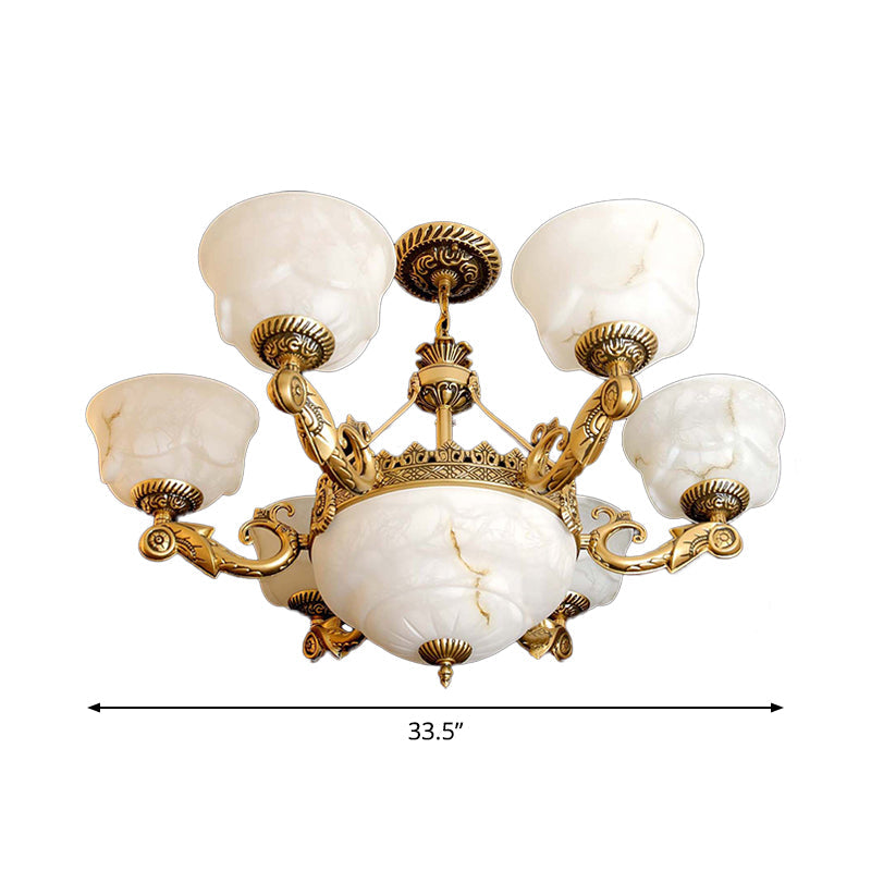 Bowl Dining Room Drop Lamp Antiqued White Glass 9-Light Chandelier - Rebooters