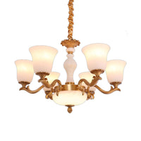 6-Light Bell Up Chandelier Lamp Vintage Brass Cream Glass - Rebooters