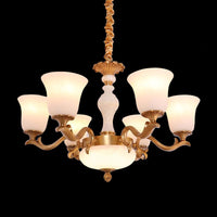 6-Light Bell Up Chandelier Lamp Vintage Brass Cream Glass - Rebooters