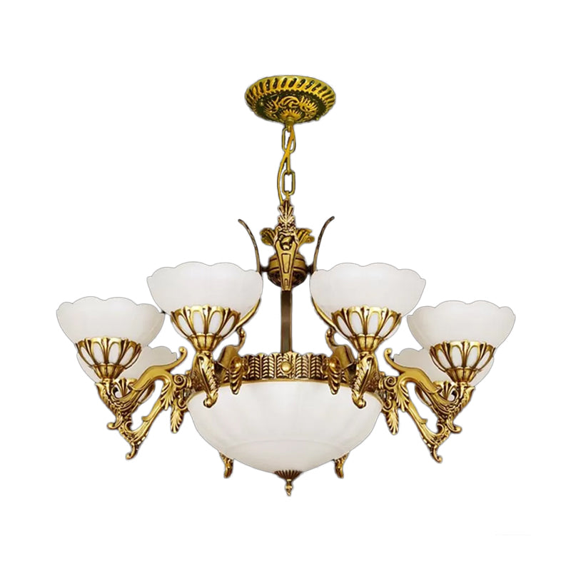 Brass 9 Lights Hanging Light Kit Traditional Milk Glass Chandelier - Rebooters