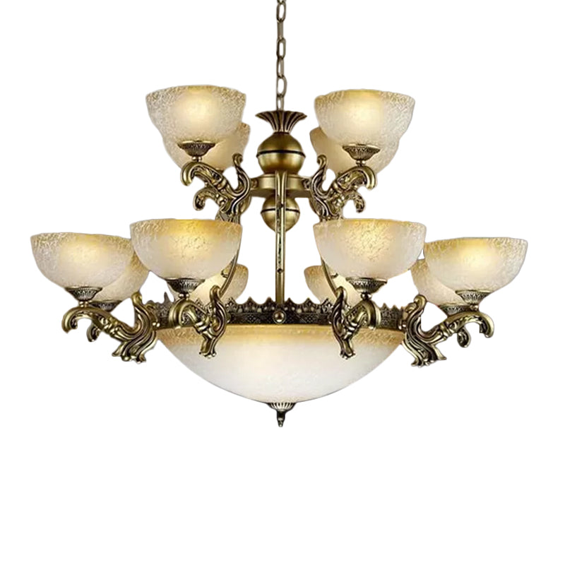 Frosted Patterned Glass Bowl Drop Lamp Rustic 15-Light Chandelier - Rebooters
