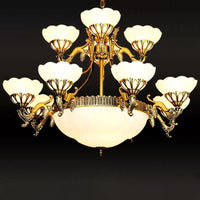 15 Bulbs 2-Tiered Scalloped Chandelier Brass Cream Glass Lamp - Rebooters