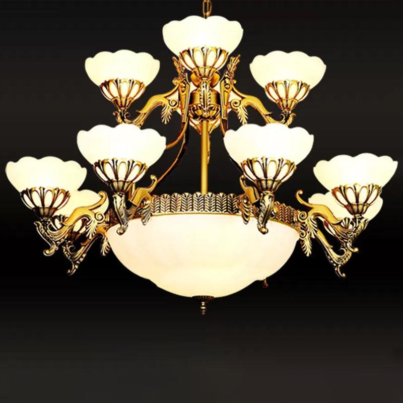 15 Bulbs 2-Tiered Scalloped Chandelier Brass Cream Glass Lamp - Rebooters